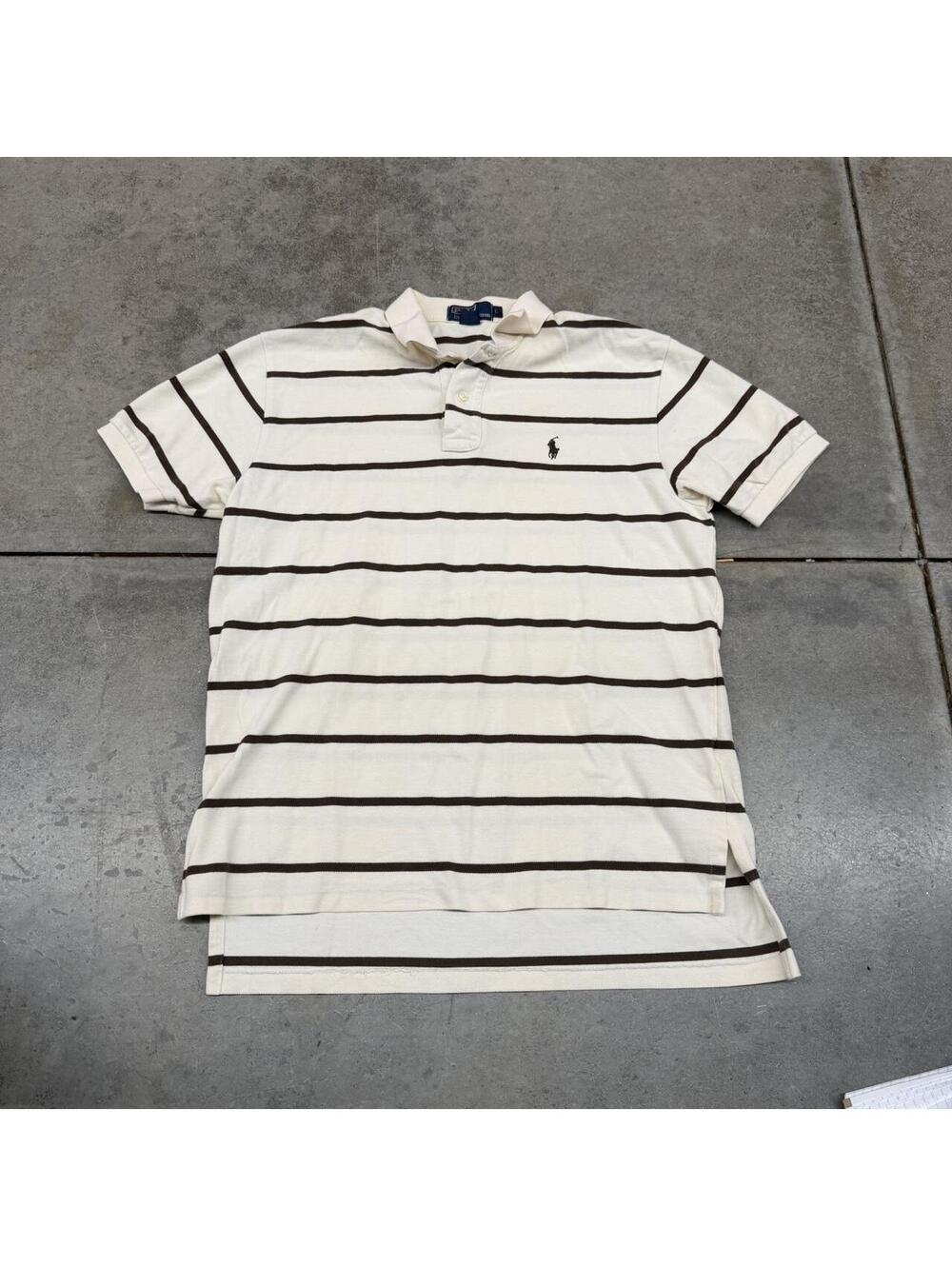 vintage polo ralph lauren beige and brown striped polo shirt size large